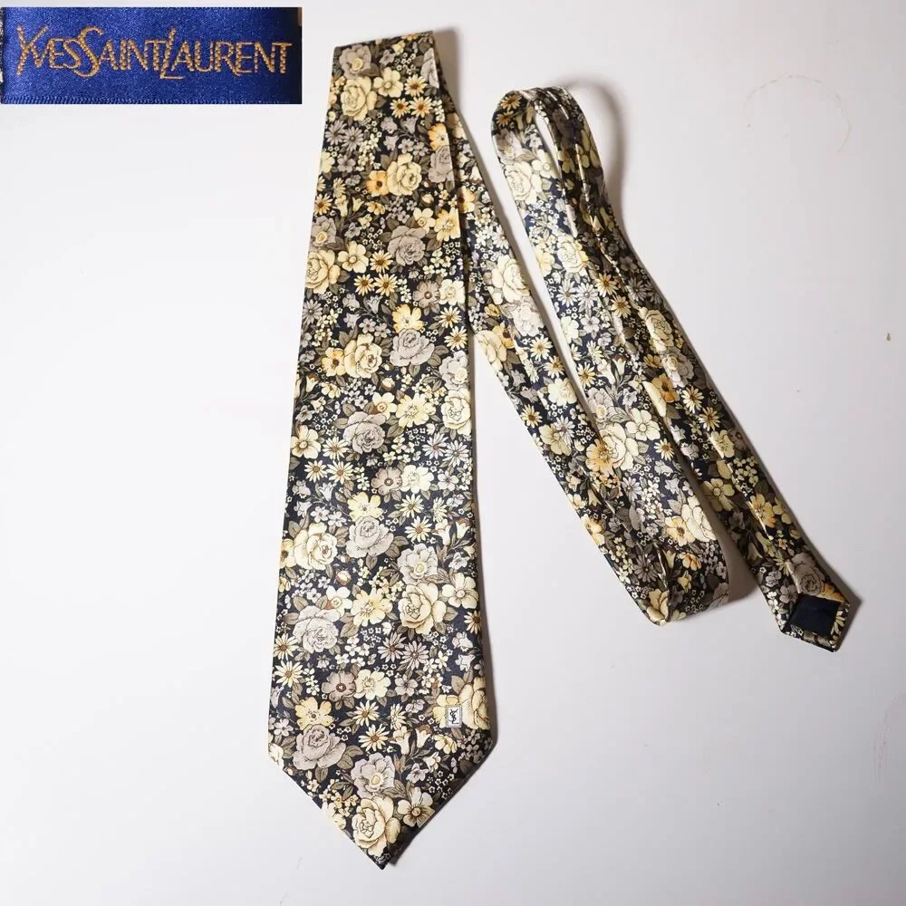 Yves Saint Laurent Tie YSL Monogram Flower Pattern Floral Yellow